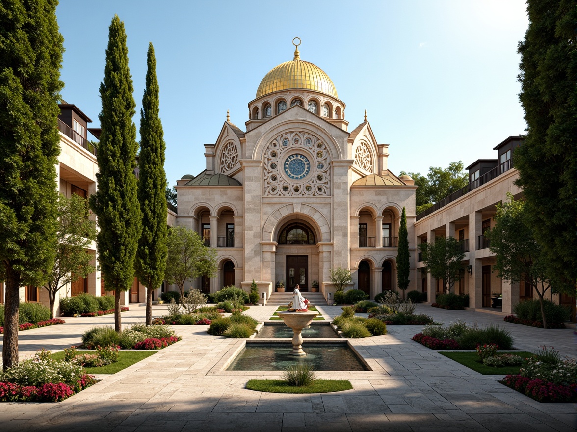 Prompt: Majestic Byzantine church, intricately carved stone facades, golden domes, ornate mosaics, lush green courtyards, tranquil water features, rustic stone pathways, vibrant flowerbeds, majestic cypress trees, warm Mediterranean sunlight, soft atmospheric lighting, 1/1 composition, symmetrical framing, realistic textures, ambient occlusion.