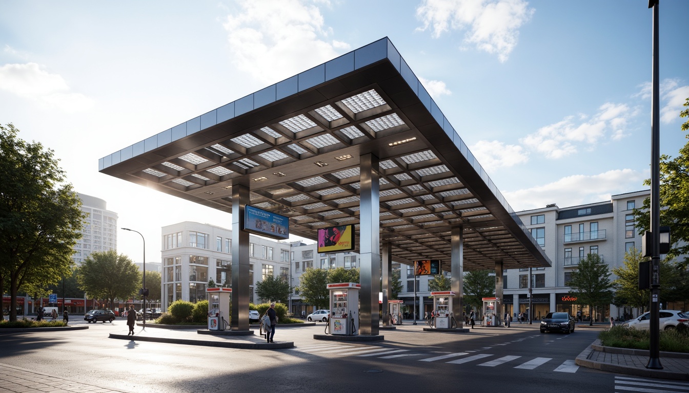 Prompt: Modern gas station, sleek canopy structure, minimalist design, angular lines, stainless steel beams, translucent roofing, natural ventilation, LED lighting, futuristic fuel pumps, digital signage, urban landscape, busy streets, morning sunlight, shallow depth of field, 1/1 composition, realistic textures, ambient occlusion.