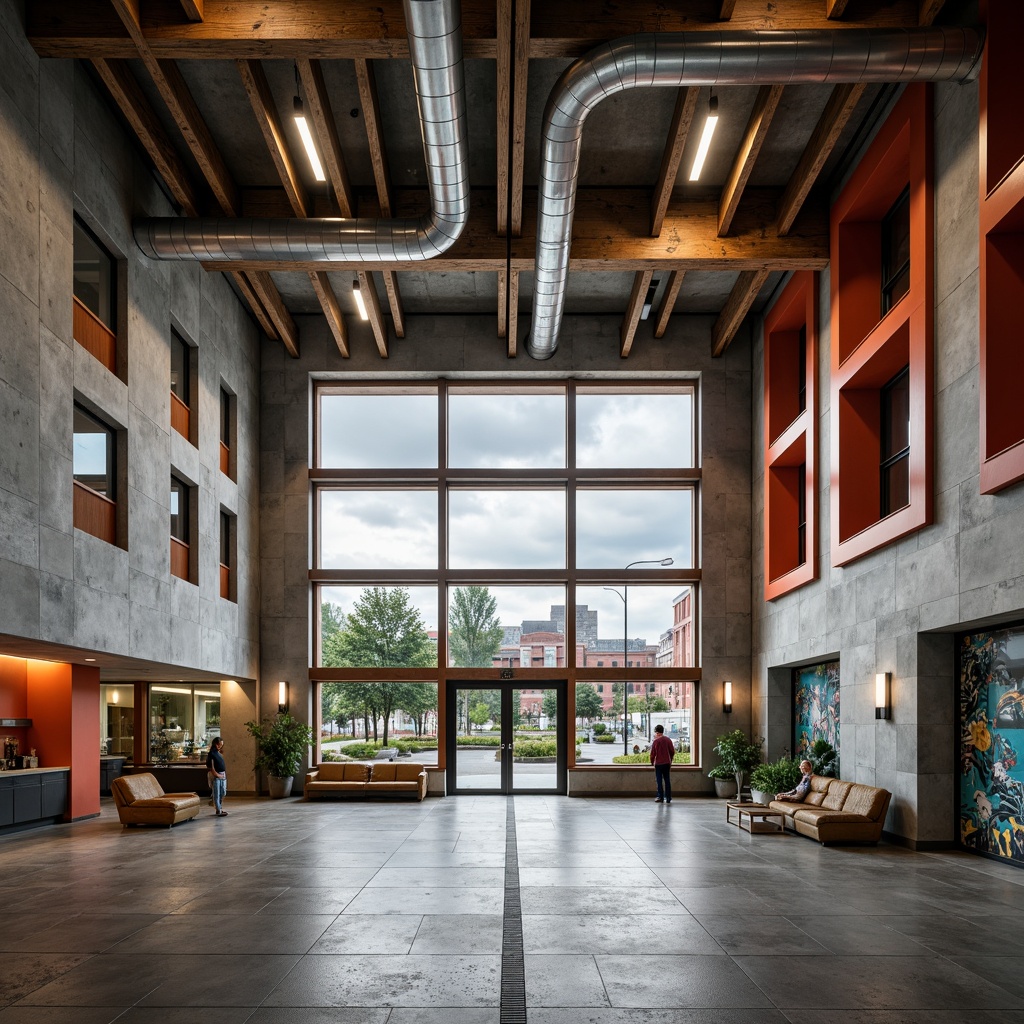 Prompt: Rough-hewn concrete walls, exposed ductwork, industrial metal beams, polished wooden accents, bold color blocking, natural stone flooring, brutalist architecture, middle school setting, educational murals, urban landscape views, overcast skies, dramatic shadows, high-contrast lighting, 1/1 composition, symmetrical framing, gritty textures, ambient occlusion.