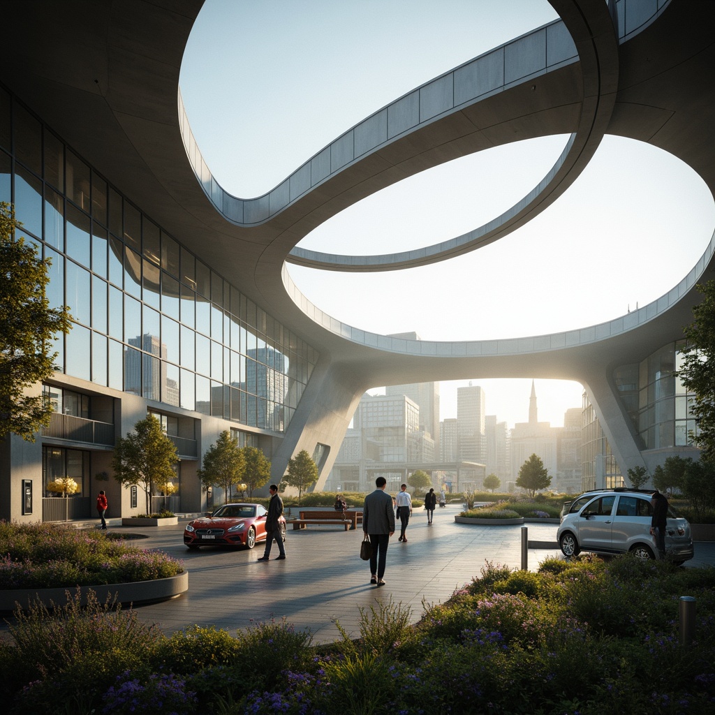 Prompt: Curved lines, minimalist design, open spaces, natural light, sleek metal framework, glass facades, cantilevered roofs, geometric shapes, futuristic ambiance, urban landscape, city skyline, morning mist, soft warm lighting, shallow depth of field, 3/4 composition, panoramic view, realistic textures, ambient occlusion.