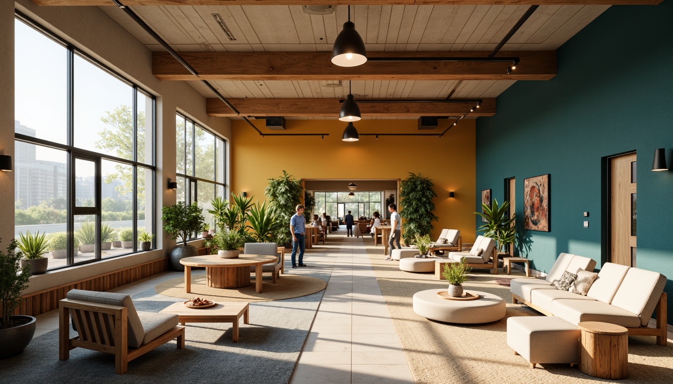 Prompt: Vibrant student lounge, bold accent walls, warm beige furniture, rich wood tones, calming blue-green hues, natural textiles, industrial metal accents, modern minimalist decor, cozy reading nooks, comfortable seating areas, abundant natural light, soft warm lighting, 1/1 composition, realistic textures, ambient occlusion.