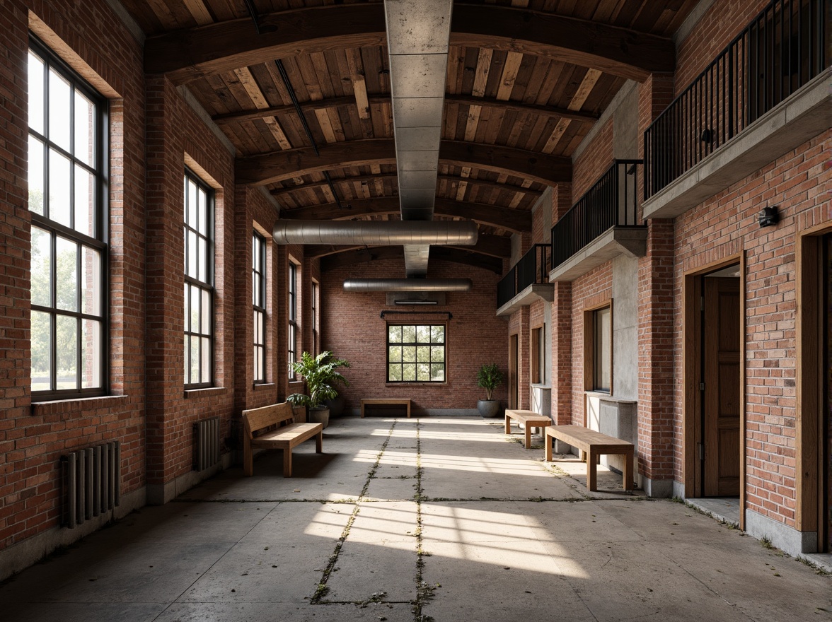 Prompt: Rustic industrial landscape, abandoned factories, worn brick walls, distressed metal roofs, reclaimed wood accents, earthy tones, natural textures, regional materials, local craftsmanship, exposed ductwork, concrete floors, steel beams, functional minimalism, industrial chic aesthetic, warm soft lighting, shallow depth of field, 1/1 composition, realistic renderings, ambient occlusion.