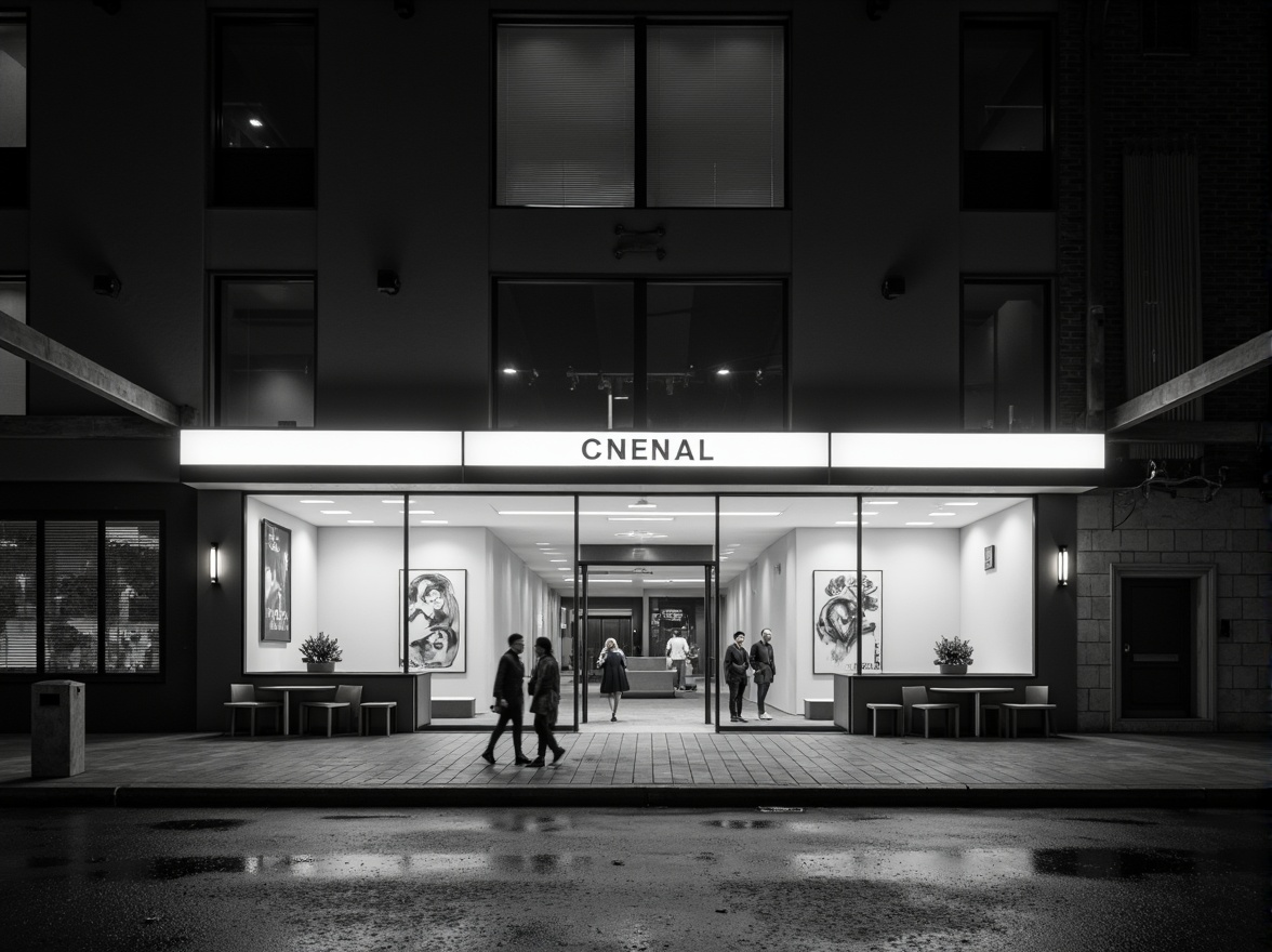 Prompt: Monochromatic cinema facade, minimalist architecture, clean lines, simple shapes, neutral color palette, subtle textures, industrial materials, metal frames, glass surfaces, LED signage, urban cityscape, nighttime atmosphere, soft ambient lighting, shallow depth of field, 1/1 composition, cinematic camera angles, realistic reflections, atmospheric fog.