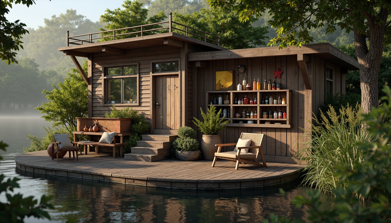 Prompt: Whimsical boathouse, eclectic facade, distressed wood textures, vintage nautical elements, rusty metal accents, colorful glass bottles, woven wicker furniture, lush greenery, overgrown vegetation, misty morning atmosphere, soft warm lighting, shallow depth of field, 1/1 composition, realistic water reflections, ambient occlusion.