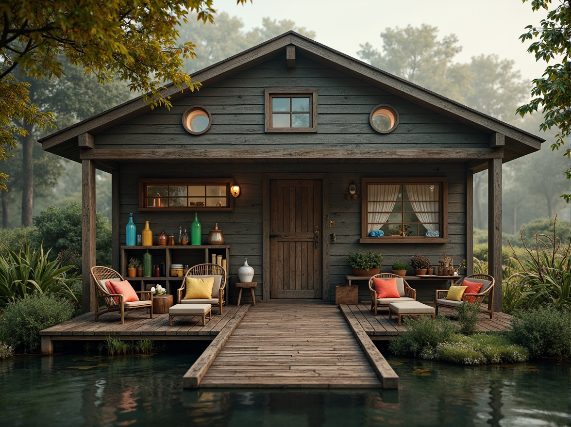 Prompt: Whimsical boathouse, eclectic facade, distressed wood textures, vintage nautical elements, rusty metal accents, colorful glass bottles, woven wicker furniture, lush greenery, overgrown vegetation, misty morning atmosphere, soft warm lighting, shallow depth of field, 1/1 composition, realistic water reflections, ambient occlusion.