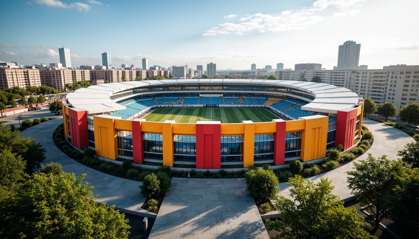 Prompt: Vibrant soccer stadium, social housing facade, bold color scheme, dynamic curves, angular lines, modern architecture, cantilevered roofs, large windows, metal cladding, concrete structures, urban landscape, city skyline, sunny day, dramatic lighting, shallow depth of field, 1/1 composition, realistic textures, ambient occlusion, lively atmosphere, energetic vibe, community spirit.