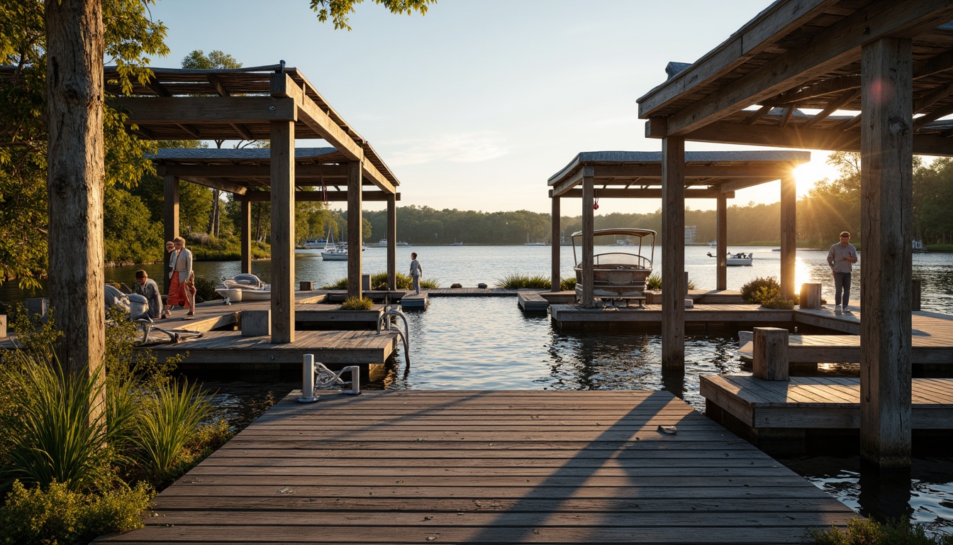 Prompt: Rustic wooden dock, weathered boat lifts, nautical ropes, distressed wood accents, corrugated metal roofs, wooden pilings, aquatic plants, serene lake views, warm golden lighting, shallow depth of field, 1/2 composition, symmetrical framing, realistic water reflections, ambient occlusion.