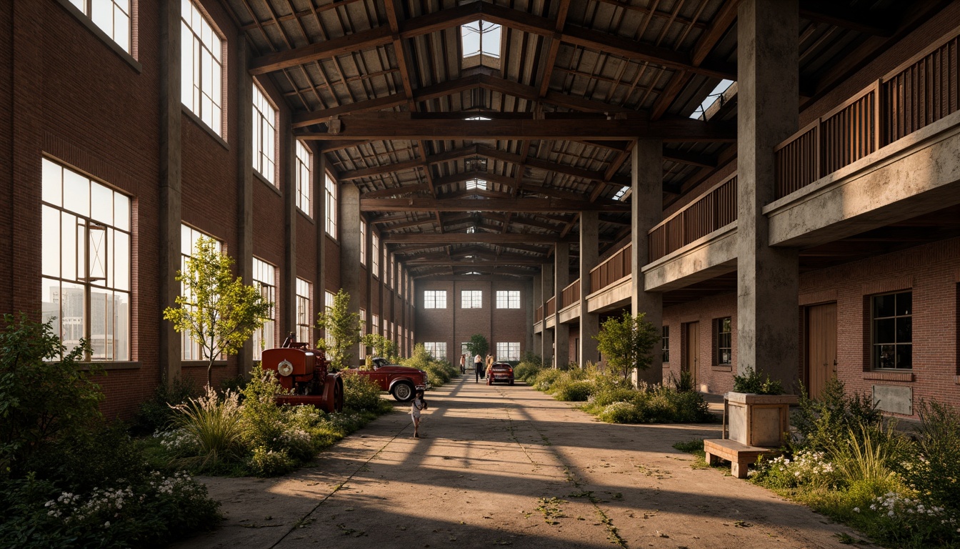 Prompt: Rustic industrial landscape, abandoned factories, distressed brick walls, corrugated metal roofs, worn wooden beams, vintage machinery, urban decay, overgrown vegetation, gritty urban atmosphere, warm golden lighting, shallow depth of field, 1/2 composition, cinematic view, realistic textures, ambient occlusion, nostalgic mood, retro-futuristic elements, exposed ductwork, concrete floors, steel columns, reclaimed wood accents, industrial chic aesthetic.