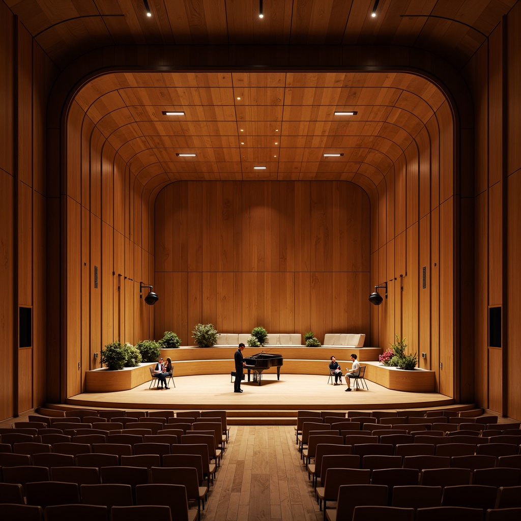 Prompt: Intimate concert hall, wooden acoustic panels, sound-absorbing materials, curved lines, minimalist decor, warm ambient lighting, shallow stage, grand piano, professional audio equipment, microphone stands, speaker systems, soundproofing, reverberation control, optimal seating arrangement, 3/4 composition, soft focus, warm color palette, realistic textures.