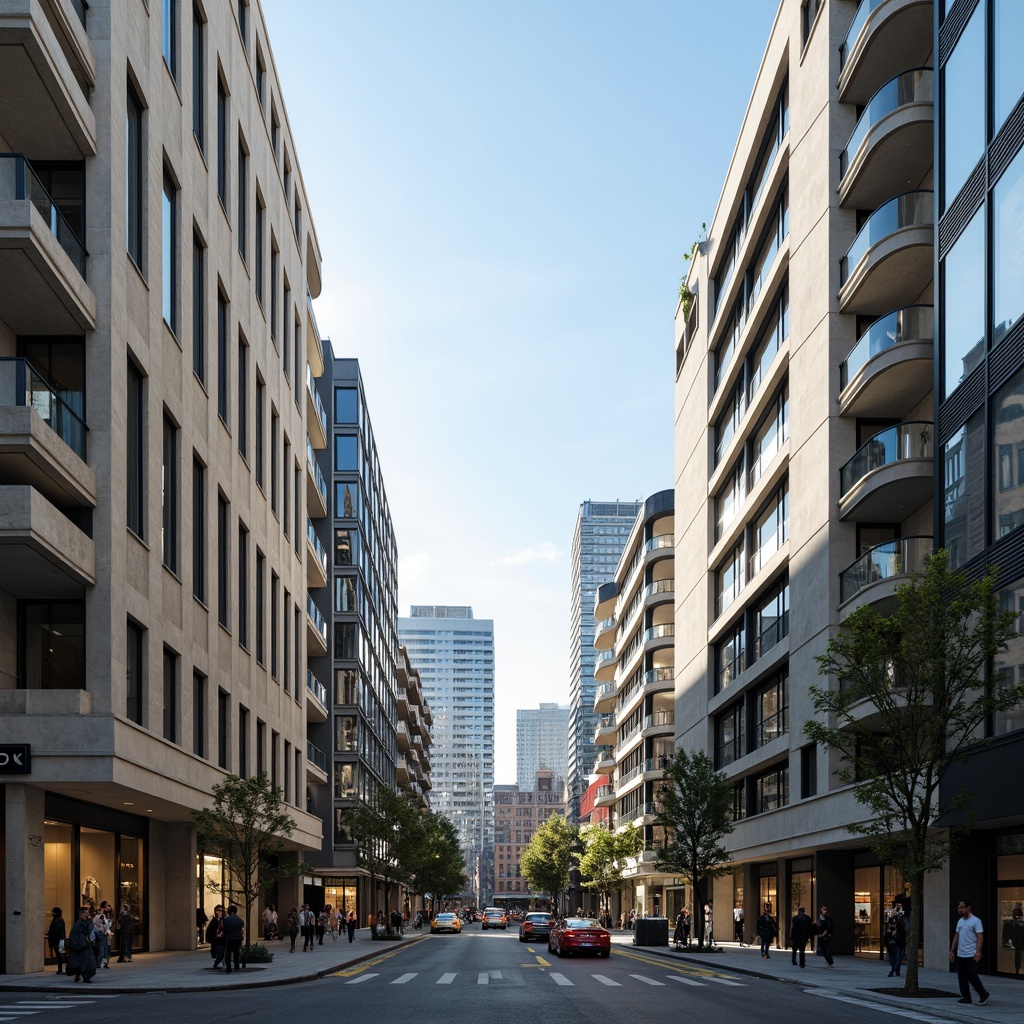 Prompt: Sleek modern buildings, curved lines, metallic surfaces, reflective glass facades, monochromatic color scheme, neutral tones, creamy whites, dark grays, bold accents, vibrant blues, warm beige, industrial materials, urban cityscape, busy streets, morning sunlight, soft shadows, 1/1 composition, symmetrical framing, high contrast lighting, realistic reflections.