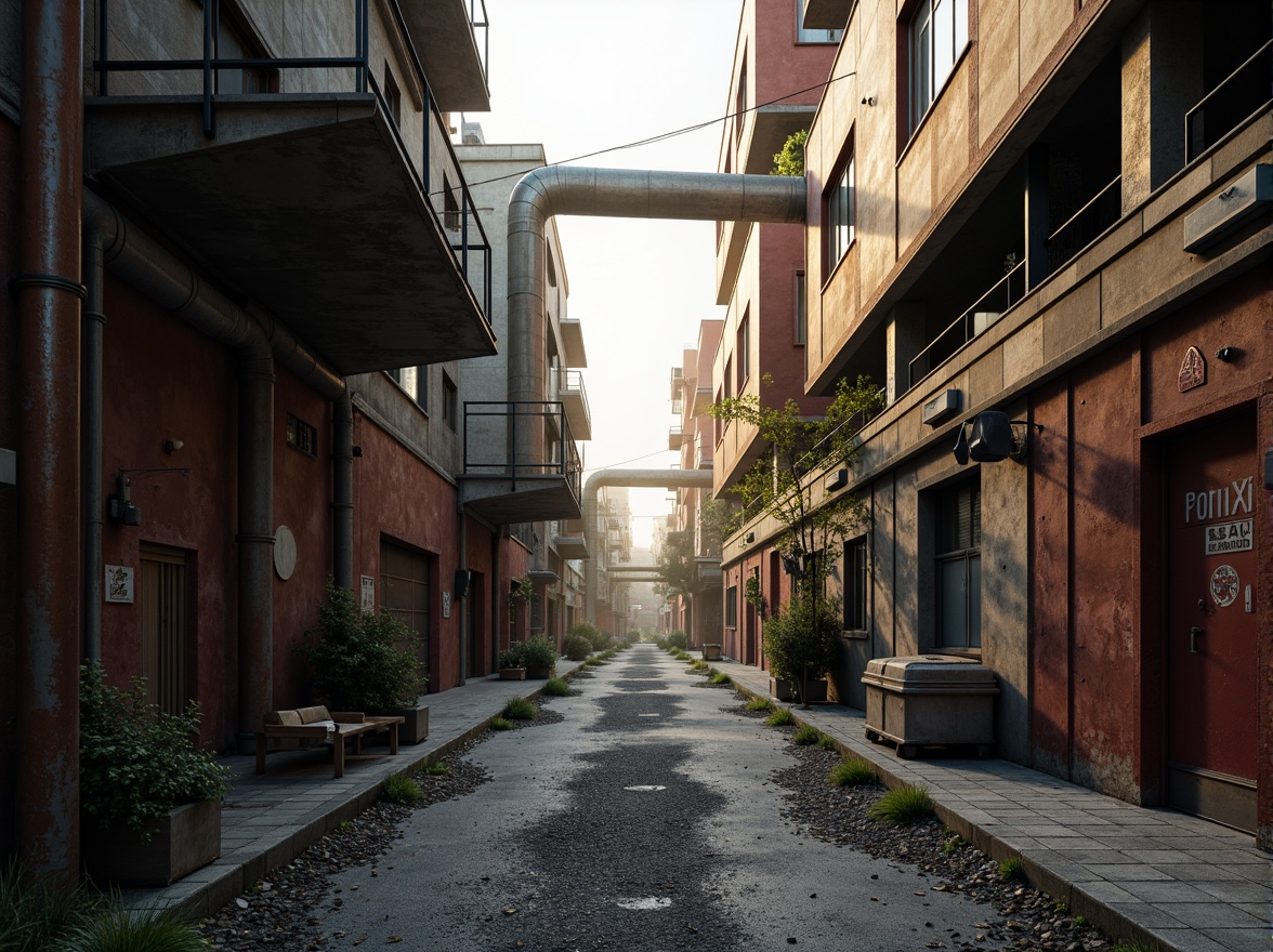 Prompt: Industrial landscape, rugged concrete roads, metallic buildings, exposed ductwork, steel beams, industrial pipes, mechanical equipment, urban cityscape, misty atmosphere, warm golden lighting, shallow depth of field, 2/3 composition, realistic textures, ambient occlusion, muted color palette, earthy tones, rusty reds, deep blues, weathered wood accents, distressed metal finishes, functional design elements.