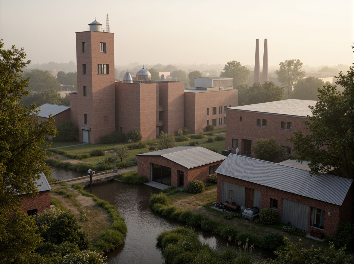 Prompt: Industrial factory complex, rustic brick buildings, corrugated metal roofs, worn concrete walls, vintage machinery, abandoned chimneys, overgrown vegetation, wildflowers, meandering streams, misty atmosphere, soft warm lighting, shallow depth of field, 3/4 composition, panoramic view, realistic textures, ambient occlusion, regionalist architectural style, functional simplicity, earthy color palette, distressed finishes, reclaimed wood accents, metal cladding, industrial heritage, nostalgic ambiance.