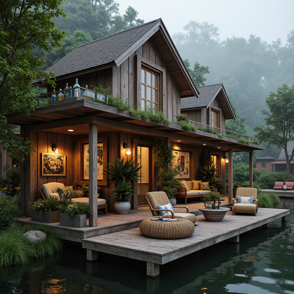 Prompt: Whimsical boathouse, eclectic facade, distressed wood textures, vintage nautical elements, rusty metal accents, colorful glass bottles, woven wicker furniture, lush greenery, overgrown vegetation, misty morning atmosphere, soft warm lighting, shallow depth of field, 1/1 composition, realistic water reflections, ambient occlusion.