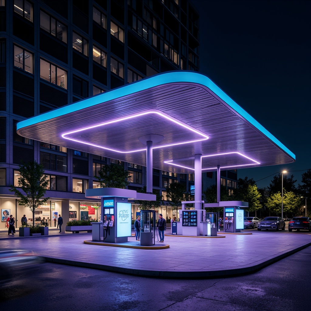 Prompt: Futuristic gas station, sleek metal canopy, neon LED lights, dynamic color-changing effects, modern minimalist architecture, angular lines, reflective glass surfaces, high-gloss finishes, stainless steel accents, futuristic fuel pumps, digital display screens, electronic payment systems, urban cityscape, night scene, dramatic shadows, high-contrast lighting, 1/1 composition, shallow depth of field, realistic textures, ambient occlusion.