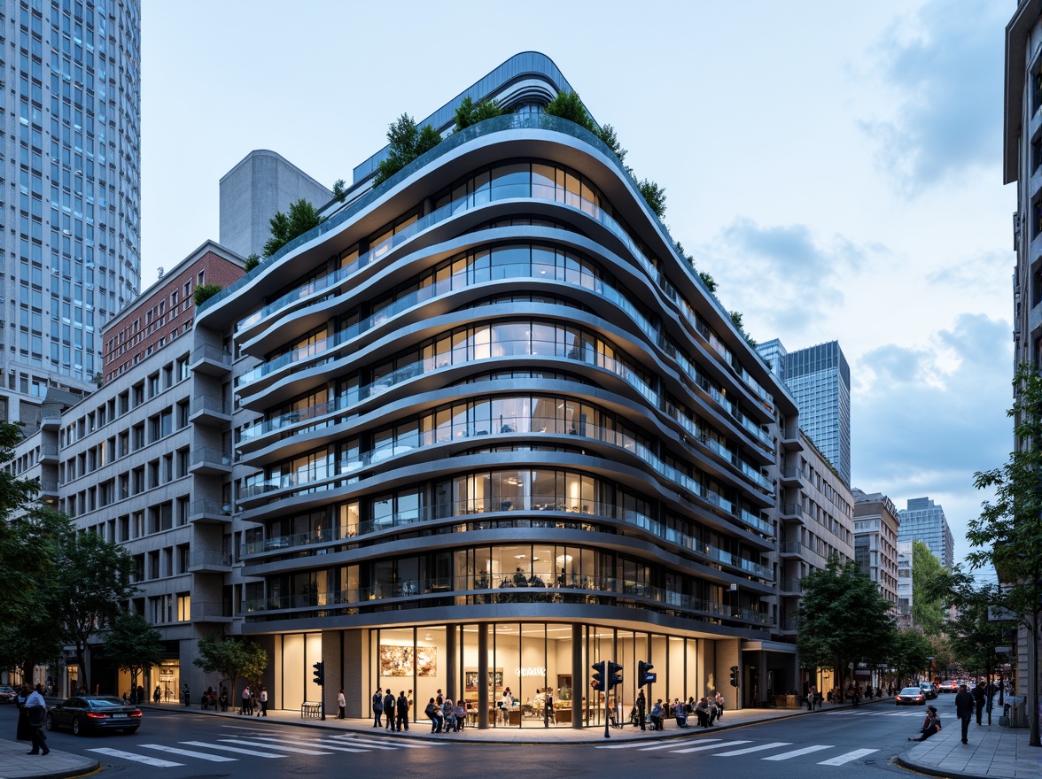 Prompt: Curved building facade, metallic materials, polished chrome accents, horizontal lines, rounded corners, minimalist ornamentation, large glass windows, sliding doors, cantilevered balconies, urban cityscape, busy streets, modern skyscrapers, cloudy blue sky, soft natural light, shallow depth of field, 2/3 composition, symmetrical framing, high-contrast lighting, detailed textures, ambient occlusion.