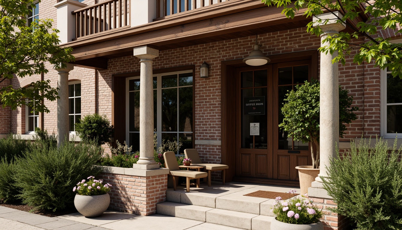 Prompt: Rustic coffee shop facade, academic architectural style, brick walls, stone columns, ornate details, wooden doors, vintage signage, cozy atmosphere, warm lighting, earthy tones, natural materials, greenery surroundings, blooming flowers, sunny day, soft focus, shallow depth of field, 1/1 composition, realistic textures, ambient occlusion.