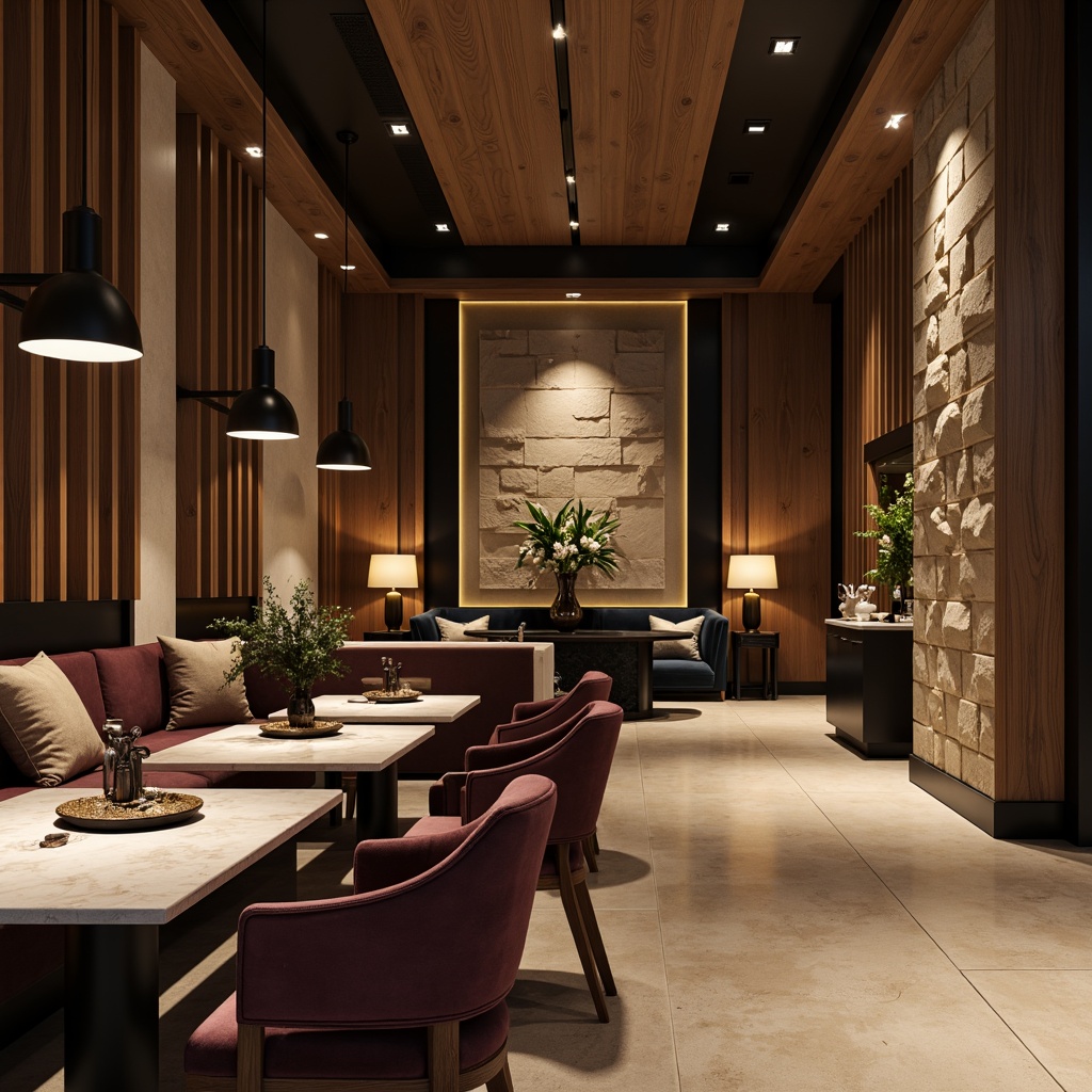 Prompt: Luxurious interior space, rich wood accents, smooth marble countertops, velvety soft upholstery, metallic chrome fixtures, matte black frames, natural stone walls, ambient warm lighting, shallow depth of field, 1/1 composition, realistic textures, subtle reflections.