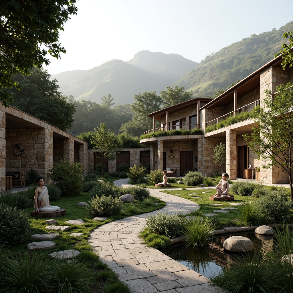 Prompt: Serene monastery courtyard, lush greenery, natural stone walls, wooden accents, rustic doors, tranquil water features, peaceful statues, organic architecture, curved lines, earthy tones, sustainable materials, living roofs, green spaces, misty morning, soft warm lighting, shallow depth of field, 3/4 composition, panoramic view, realistic textures, ambient occlusion, surrounding mountains, rolling hills, meandering paths, scenic overlooks, natural ventilation systems, passive solar design.