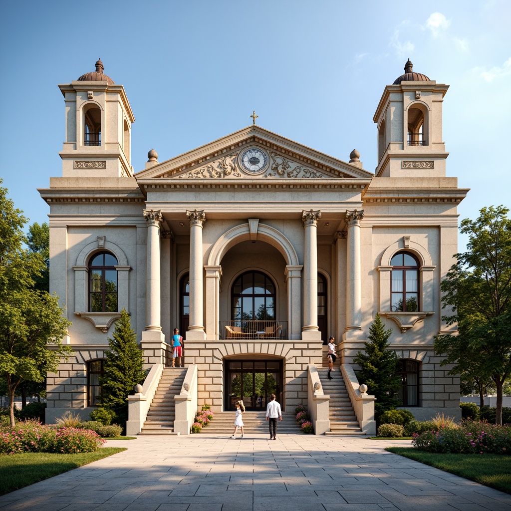 Prompt: Grandiose youth center facade, neoclassical architecture style, ornate columns, symmetrical composition, grand entrance, sweeping staircases, elegant archways, rusticated stone walls, decorative cornices, classical pediments, vibrant frescoes, intricate moldings, polished marble floors, stately clock towers, majestic domes, lush greenery, blooming flowers, sunny day, soft warm lighting, shallow depth of field, 3/4 composition, panoramic view, realistic textures, ambient occlusion.