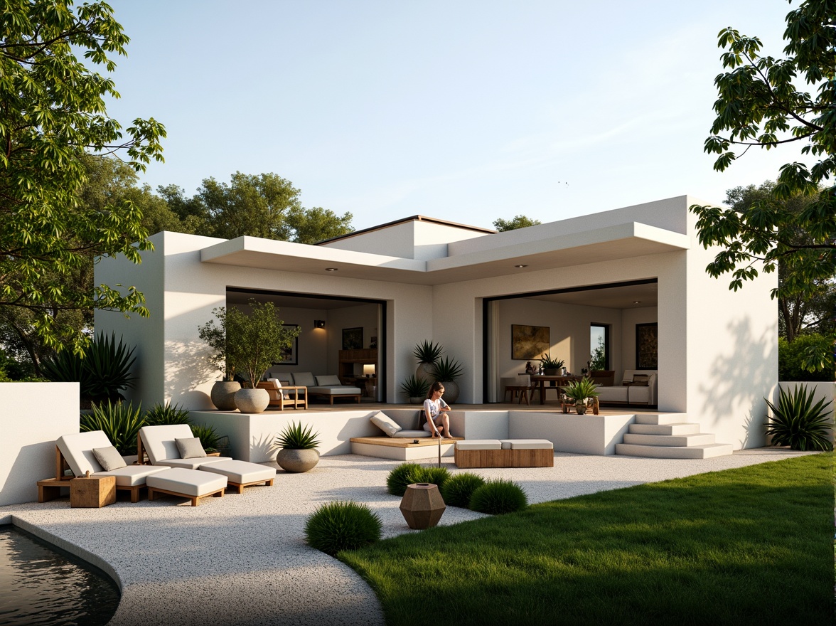 Prompt: Sleek villa, minimalist architecture, clean lines, simple forms, neutral color palette, lush greenery, trimmed hedges, manicured lawns, gravel pathways, natural stone walls, wooden decks, modern outdoor furniture, geometric planters, succulent arrangements, serene ambiance, soft warm lighting, shallow depth of field, 3/4 composition, panoramic view, realistic textures, ambient occlusion.