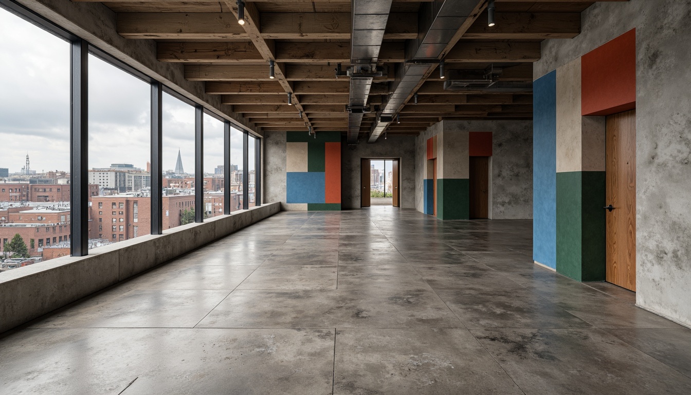 Prompt: Rough concrete walls, industrial metal beams, raw wooden accents, minimalist decor, functional simplicity, bold color blocking, geometric shapes, clean lines, rectangular forms, urban cityscape, overcast sky, dramatic shadows, high contrast lighting, 1/1 composition, symmetrical framing, brutalist aesthetic, distressed finishes, exposed ductwork, industrial chic, avant-garde spirit.