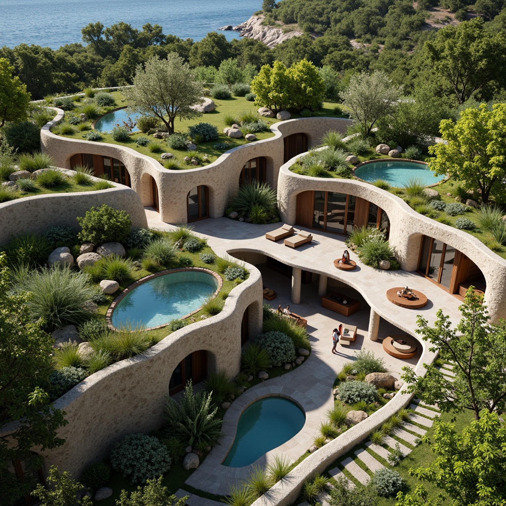 Prompt: Harmonious building integration, lush green roofs, verdant walls, natural stone facades, curved lines, organic shapes, seamless transitions, outdoor living spaces, infinity pools, water features, walking trails, native plant species, bird's eye view, 1/1 composition, soft warm lighting, shallow depth of field, realistic textures, ambient occlusion.