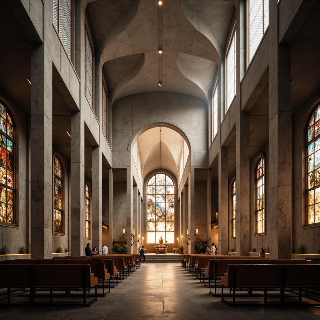 Prompt: Geometric church, brutalist fa\u00e7ade, raw concrete textures, metallic accents, stained glass windows, intricate mosaics, ornate iconography, dramatic lighting, high ceilings, grandiose arches, minimalist pews, sacred relics, atmospheric fog, warm golden light, shallow depth of field, 1/1 composition, symmetrical framing, abstract patterns, distressed stone walls, industrial materials, avant-garde design.