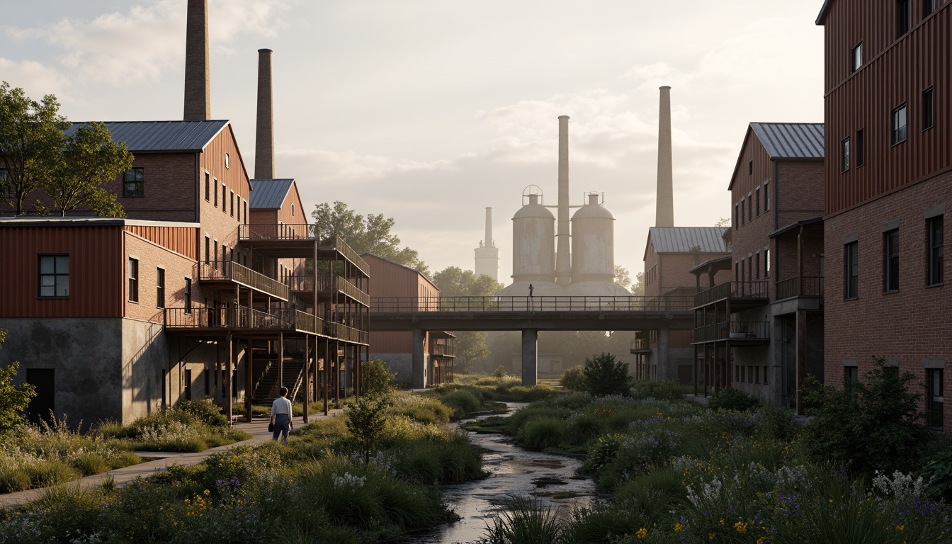 Prompt: Industrial factory complex, rustic brick buildings, corrugated metal roofs, worn concrete walls, vintage machinery, abandoned chimneys, overgrown vegetation, wildflowers, meandering streams, misty atmosphere, soft warm lighting, shallow depth of field, 3/4 composition, panoramic view, realistic textures, ambient occlusion, regionalism-inspired architecture, modern industrial design, functional spaces, exposed ductwork, metal catwalks, reclaimed wood accents, earthy color palette, natural stone pathways, weathered steel bridges.