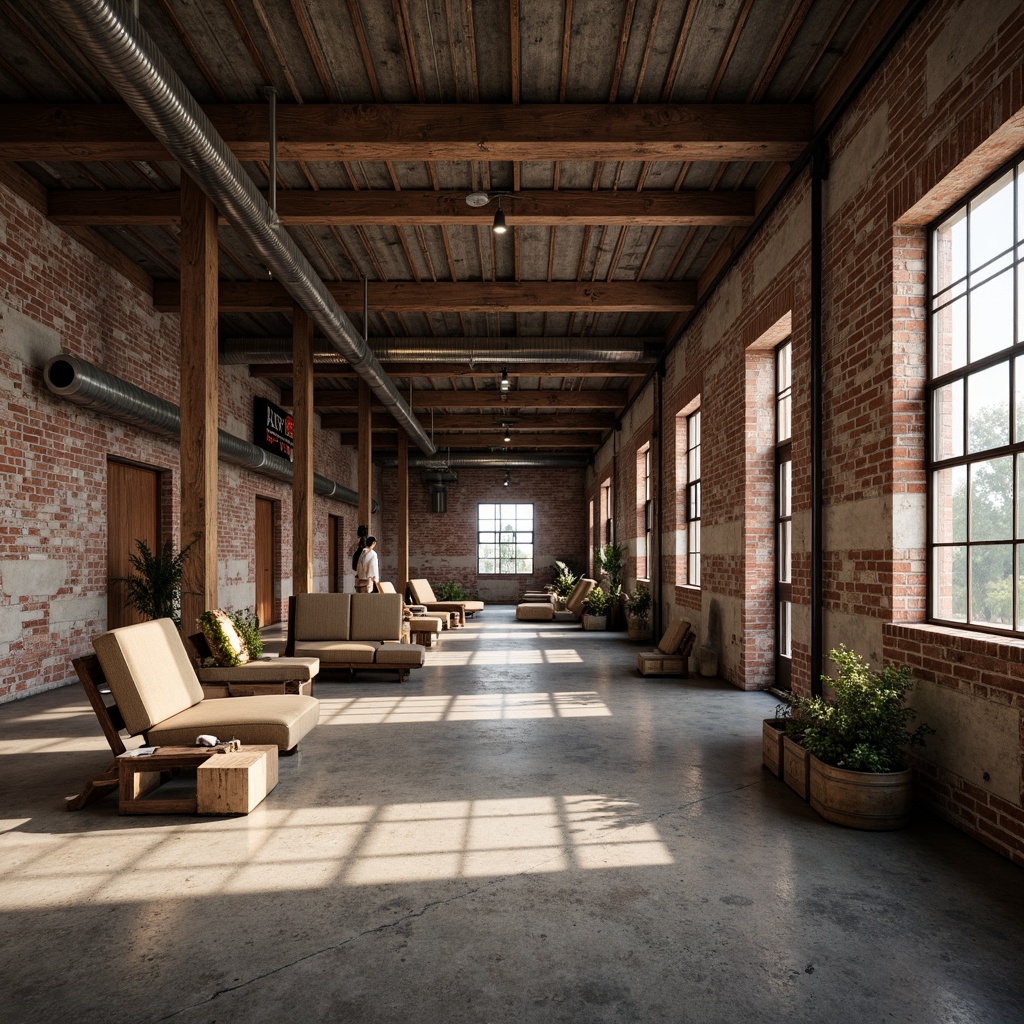 Prompt: Rustic industrial landscape, abandoned factories, worn brick walls, distressed metal roofs, reclaimed wood accents, earthy tones, natural textures, regional materials, local craftsmanship, exposed ductwork, concrete floors, steel beams, functional minimalism, industrial chic aesthetic, warm soft lighting, shallow depth of field, 1/1 composition, realistic renderings, ambient occlusion.