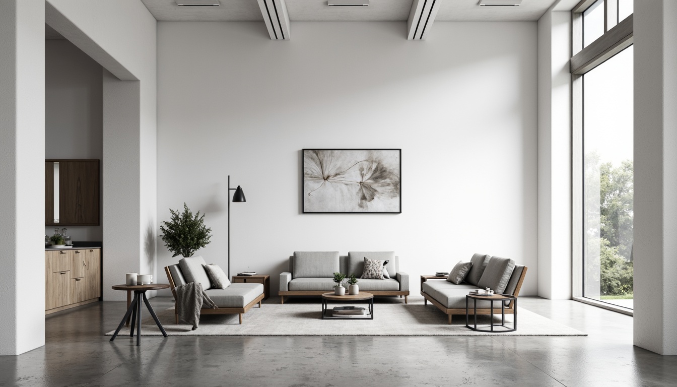 Prompt: Minimalist interior, clean lines, monochromatic color scheme, sleek furniture, low-profile sofas, geometric coffee tables, industrial metal chairs, polished concrete floors, large windows, abundant natural light, subtle textures, soft shadows, 1/1 composition, symmetrical framing, high-contrast lighting, abstract artwork, Scandinavian-inspired design.