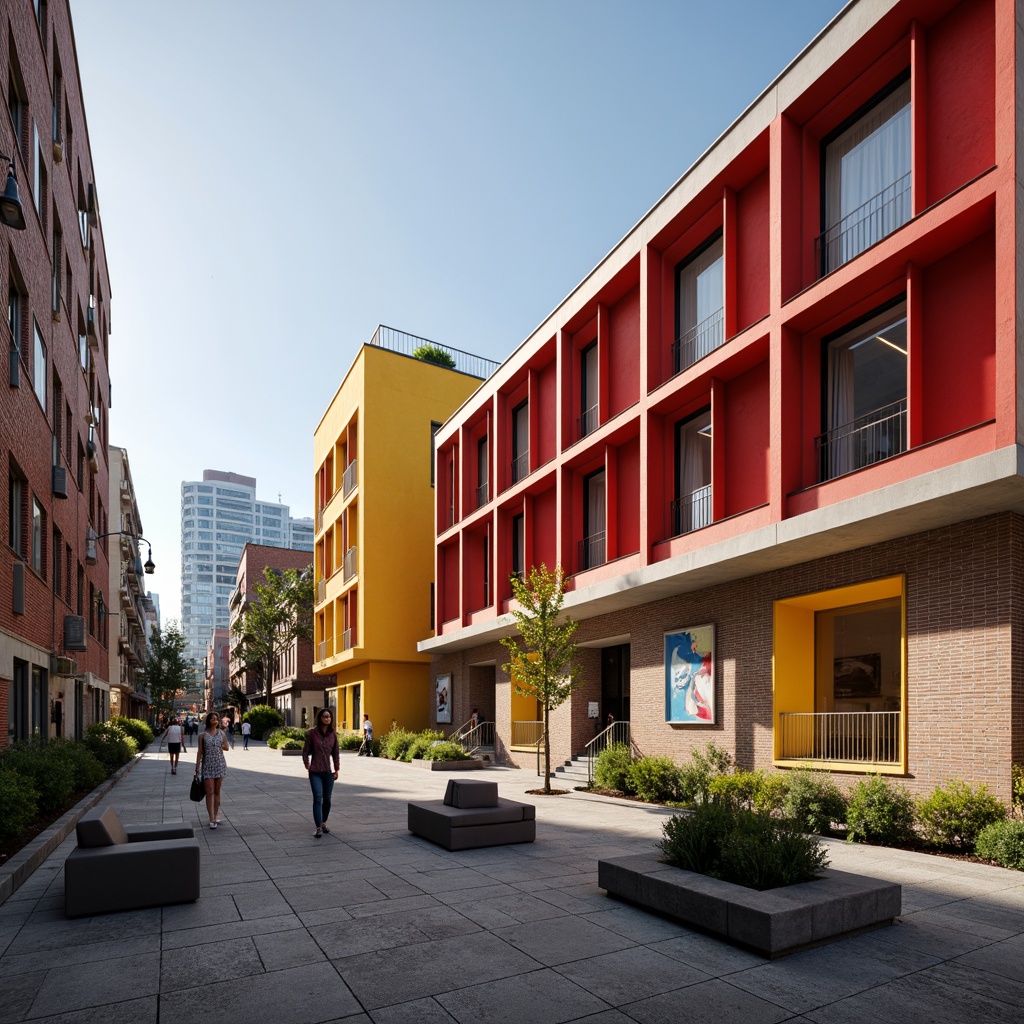 Prompt: Geometric student halls, bold primary colors, rectangular windows, flat roofs, functionalist architecture, industrial materials, exposed brick walls, steel beams, minimalist decor, communal living spaces, modern furniture, abstract artwork, natural light, 1/1 composition, high contrast lighting, dramatic shadows, urban surroundings, cityscape views, busy streets, contemporary urban life.