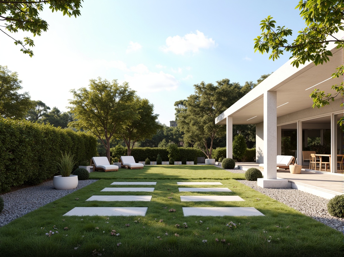 Prompt: Sleek villa, minimalist architecture, clean lines, simple forms, neutral color palette, lush greenery, trimmed hedges, manicured lawns, gravel pathways, natural stone walls, wooden decks, modern outdoor furniture, geometric planters, succulent arrangements, serene ambiance, soft warm lighting, shallow depth of field, 3/4 composition, panoramic view, realistic textures, ambient occlusion.