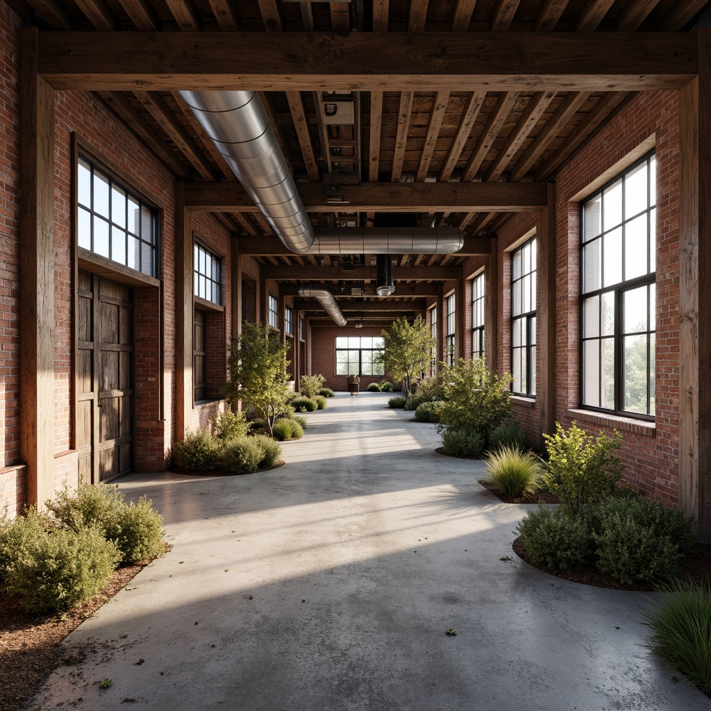 Prompt: Rustic industrial landscape, abandoned factories, worn brick walls, distressed metal roofs, reclaimed wood accents, earthy tones, natural textures, regional materials, local craftsmanship, exposed ductwork, concrete floors, steel beams, functional minimalism, industrial chic aesthetic, warm soft lighting, shallow depth of field, 1/1 composition, realistic renderings, ambient occlusion.