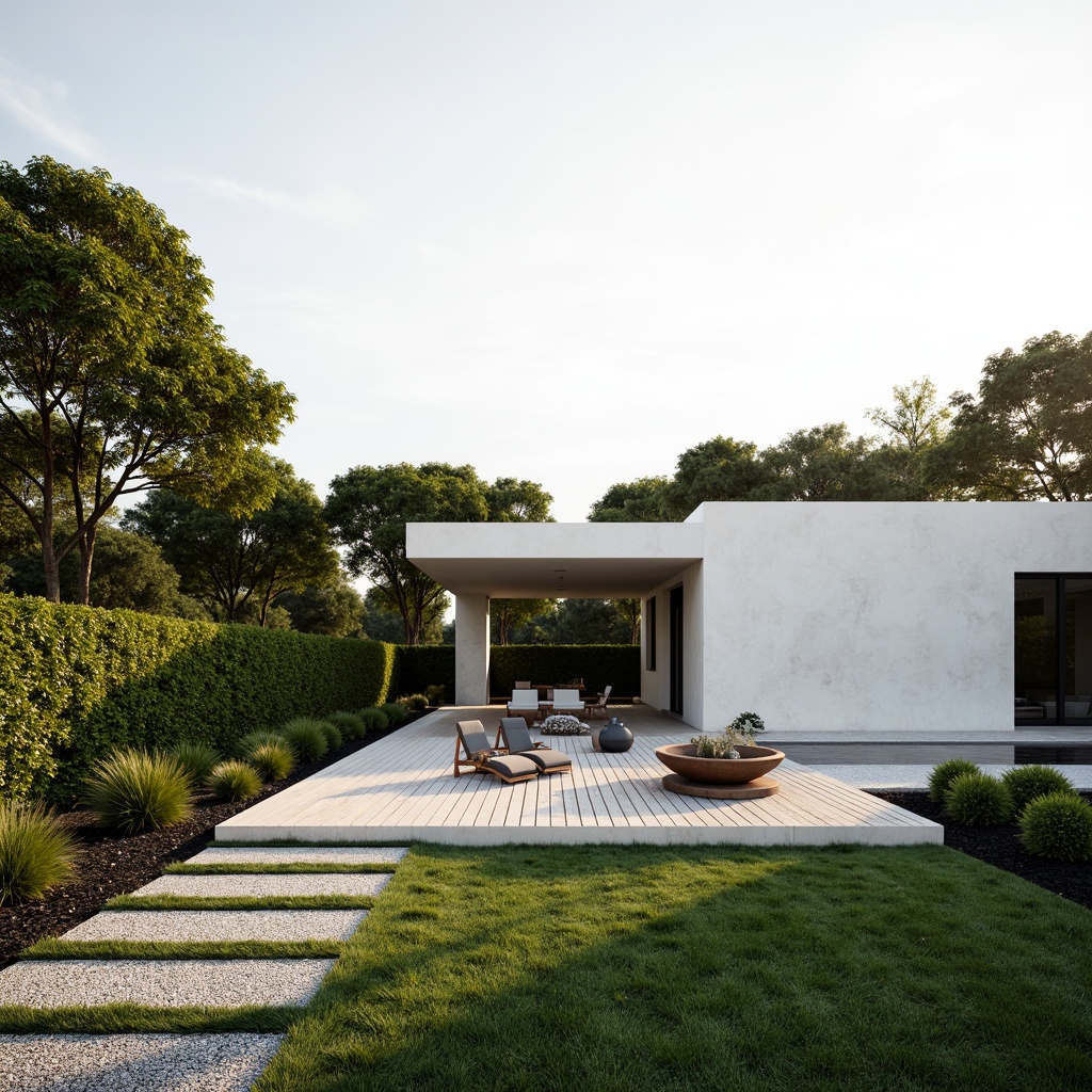 Prompt: Sleek villa, minimalist architecture, clean lines, simple forms, neutral color palette, lush greenery, trimmed hedges, manicured lawns, gravel pathways, natural stone walls, wooden decks, modern outdoor furniture, geometric planters, succulent arrangements, serene ambiance, soft warm lighting, shallow depth of field, 3/4 composition, panoramic view, realistic textures, ambient occlusion.