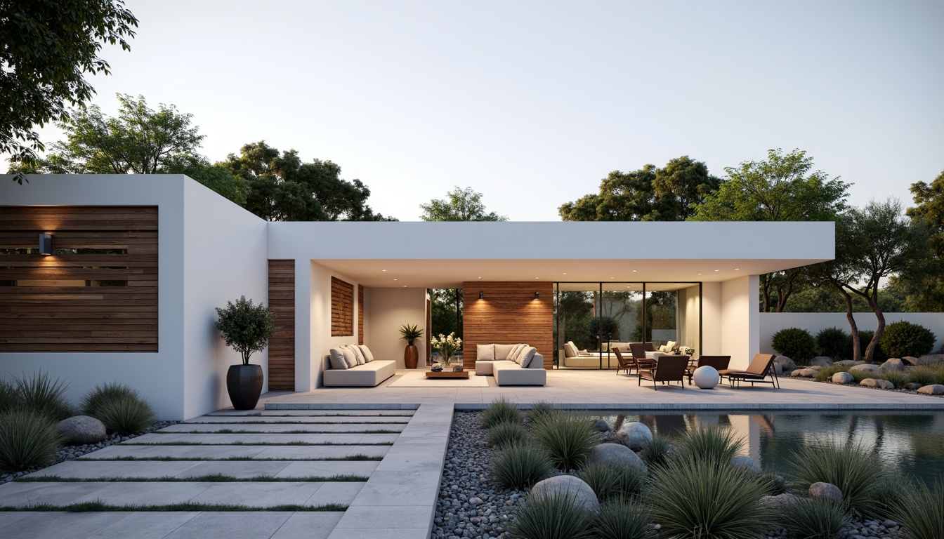 Prompt: Minimalist villa, clean lines, simple shapes, white stucco exterior, large windows, sliding glass doors, natural stone walls, wooden accents, horizontal wood slats, flat roofs, green roofs, succulent plants, gravel pathways, modern outdoor furniture, sleek metal railings, subtle lighting, warm ambient glow, soft shadows, 1/1 composition, realistic textures, ambient occlusion.