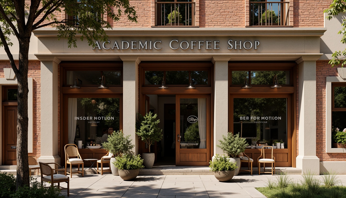 Prompt: Rustic coffee shop facade, academic architectural style, brick walls, stone columns, ornate details, wooden doors, vintage signage, cozy atmosphere, warm lighting, earthy tones, natural materials, greenery surroundings, blooming flowers, sunny day, soft focus, shallow depth of field, 1/1 composition, realistic textures, ambient occlusion.