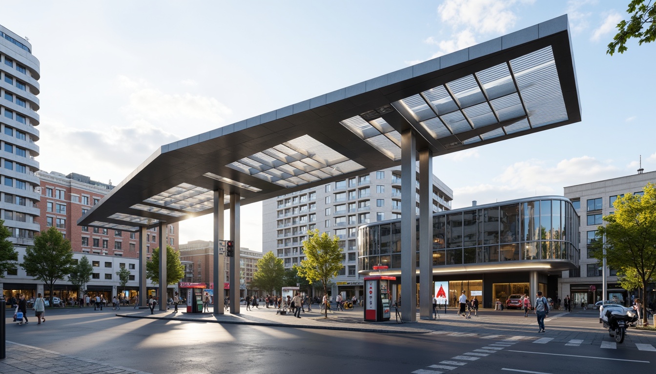 Prompt: Modern gas station, sleek canopy structure, minimalist design, angular lines, stainless steel beams, translucent roofing, natural ventilation, LED lighting, futuristic fuel pumps, digital signage, urban landscape, busy streets, morning sunlight, shallow depth of field, 1/1 composition, realistic textures, ambient occlusion.