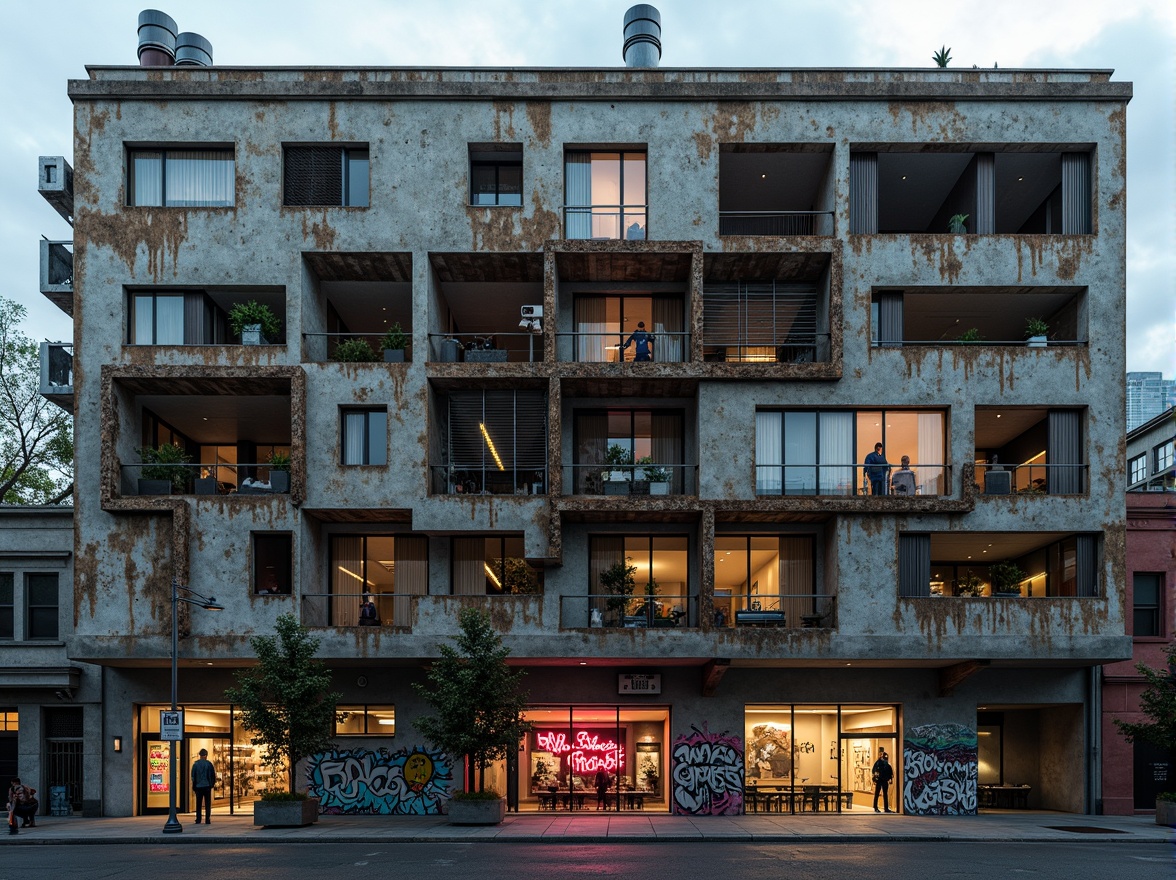 Prompt: Deconstructed building facade, fragmented forms, distressed textures, industrial materials, exposed ductwork, metallic tones, rusted steel, weathered concrete, bold graffiti, vibrant neon lights, urban cityscape, overcast sky, dramatic shadows, high contrast lighting, cinematic composition, abstract expressionism.