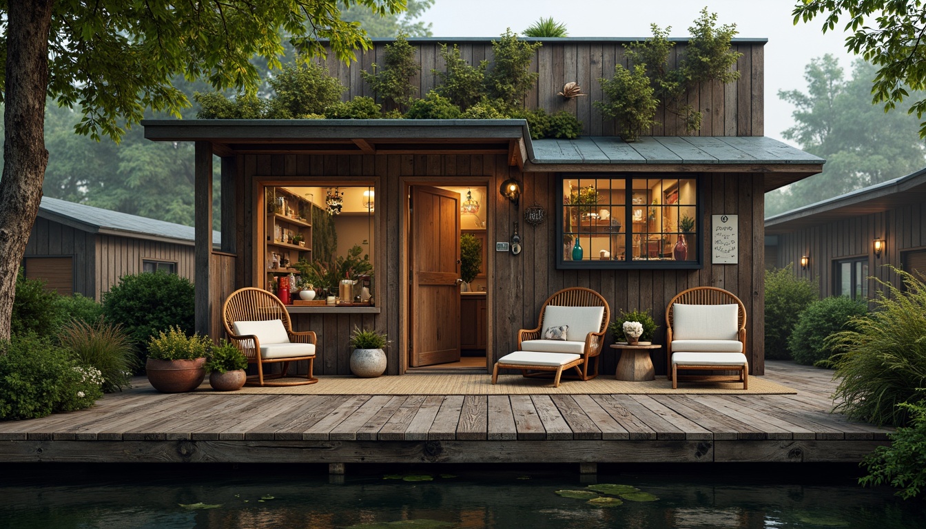 Prompt: Whimsical boathouse, eclectic facade, distressed wood textures, vintage nautical elements, rusty metal accents, colorful glass bottles, woven wicker furniture, lush greenery, overgrown vegetation, misty morning atmosphere, soft warm lighting, shallow depth of field, 1/1 composition, realistic water reflections, ambient occlusion.