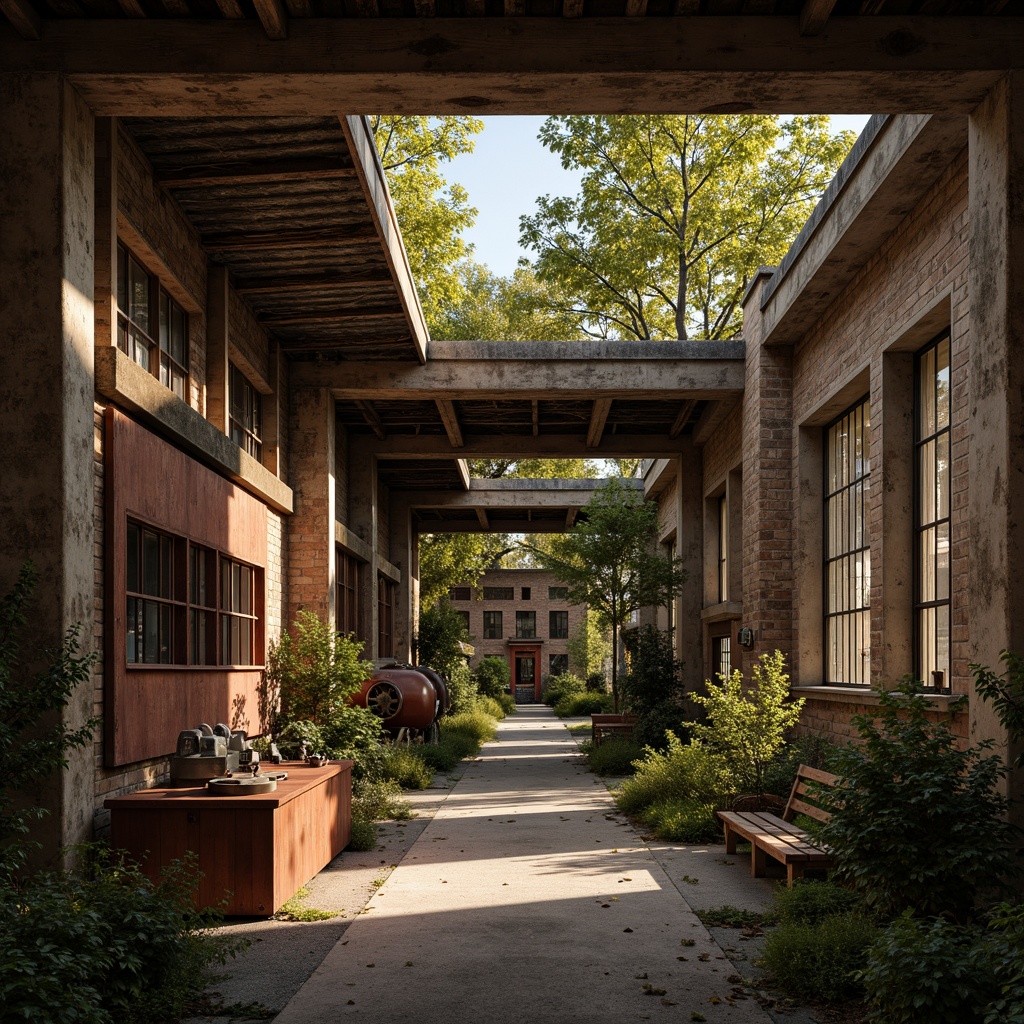 Prompt: Rustic industrial landscape, abandoned factories, distressed brick walls, corrugated metal roofs, worn wooden beams, vintage machinery, urban decay, overgrown vegetation, gritty urban atmosphere, warm golden lighting, shallow depth of field, 1/2 composition, cinematic view, realistic textures, ambient occlusion, nostalgic mood, retro-futuristic elements, exposed ductwork, concrete floors, steel columns, reclaimed wood accents, industrial chic aesthetic.