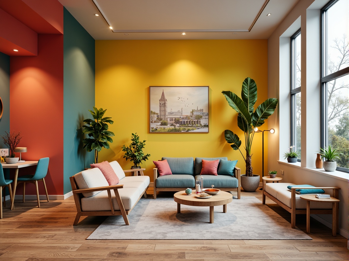 Prompt: Vibrant modern interior, bold accent walls, pastel furniture, metallic decor, natural wood accents, earthy tone flooring, soft warm lighting, 3/4 composition, shallow depth of field, realistic textures, ambient occlusion.