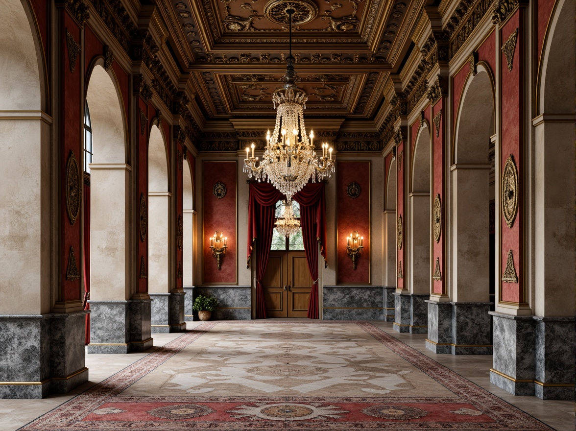 Prompt: Grandiose columns, ornate carvings, polished marble floors, intricately patterned rugs, luxurious velvet drapes, gilded moldings, ornamental plaster ceilings, crystal chandeliers, richly toned wood paneling, antique bronze door handles, weathered stone walls, subtle gradient lighting, soft focus blur, 1/2 composition, symmetrical framing, realistic reflections, ambient occlusion.