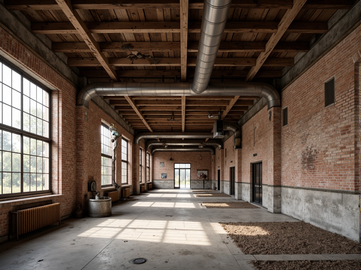 Prompt: Rustic industrial landscape, abandoned factories, worn brick walls, distressed metal roofs, reclaimed wood accents, earthy tones, natural textures, regional materials, local craftsmanship, exposed ductwork, concrete floors, steel beams, functional minimalism, industrial chic aesthetic, warm soft lighting, shallow depth of field, 1/1 composition, realistic renderings, ambient occlusion.