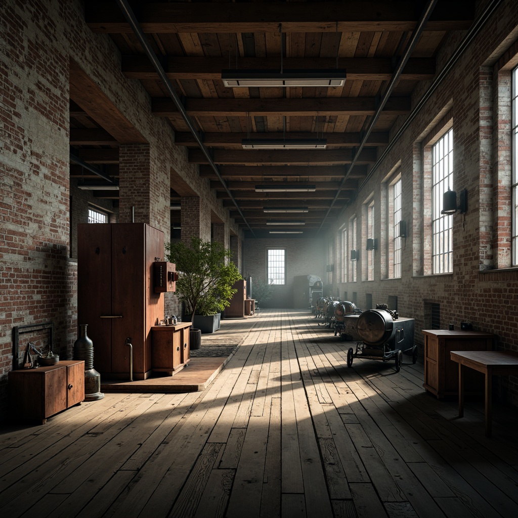 Prompt: Industrial factory setting, exposed brick walls, metal beams, worn wooden floors, vintage machinery, distressed textures, earthy tones, muted colors, rusty reds, weathered blues, faded yellows, industrial greys, atmospheric lighting, soft mist, shallow depth of field, 2/3 composition, realistic render, ambient occlusion.Please let me know if this meets your requirements!