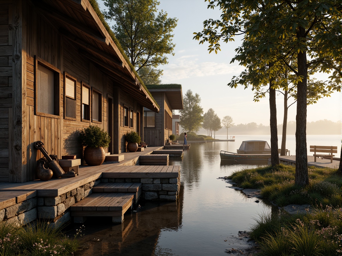 Prompt: Rustic wooden boathouse, weathered planks, distressed finishes, natural stone foundations, moss-covered roofs, overhanging eaves, wooden docks, nautical ropes, vintage anchors, aquatic plants, serene lake views, misty morning atmosphere, warm golden lighting, shallow depth of field, 1/2 composition, realistic wood textures, ambient occlusion.