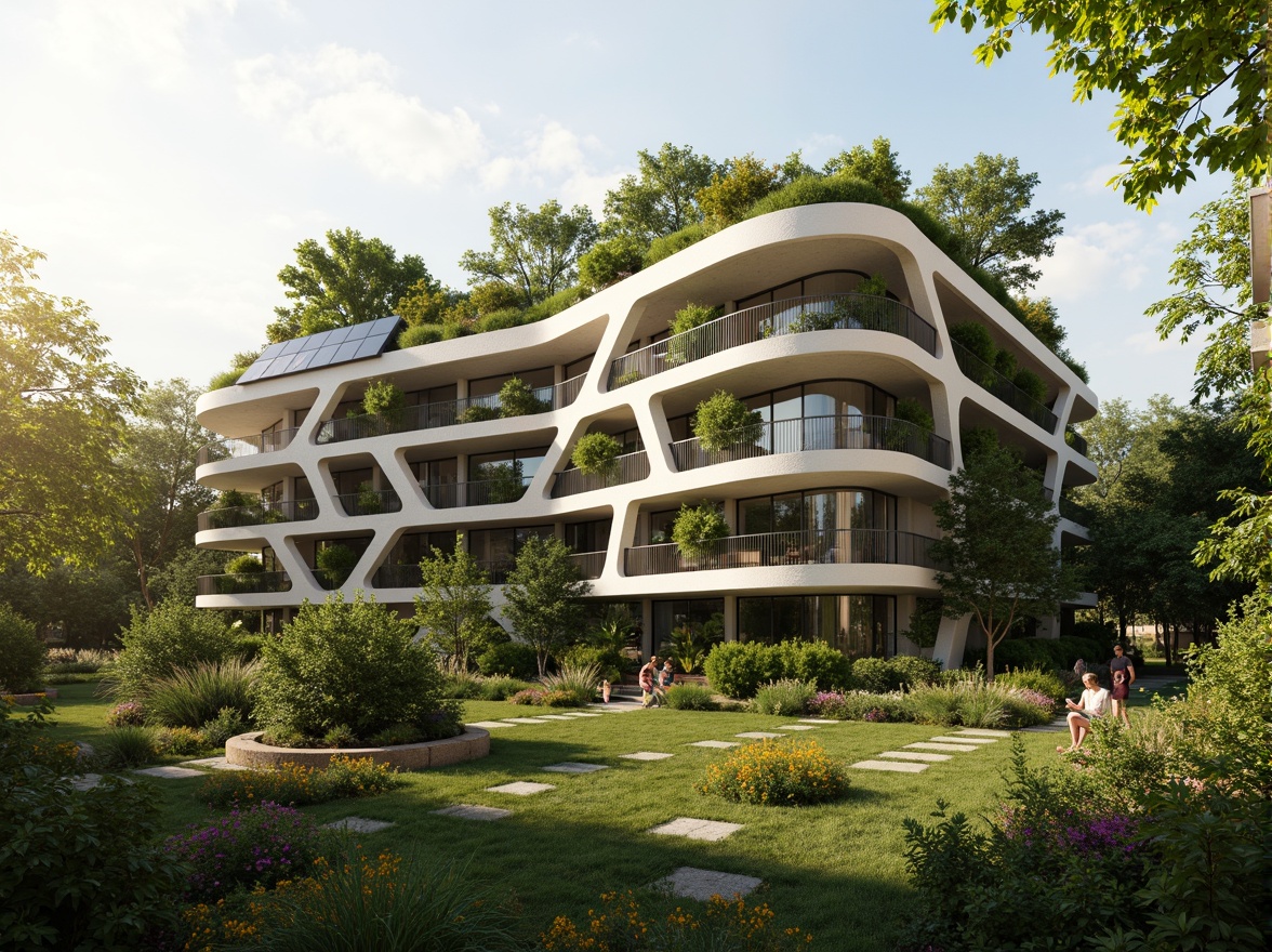 Prompt: Eco-friendly apartment building, curved blob-like shape, green roofs, solar panels, wind turbines, rainwater harvesting systems, recycled materials, natural ventilation, large windows, minimal ornamentation, soft warm lighting, shallow depth of field, 3/4 composition, panoramic view, realistic textures, ambient occlusion, lush greenery, vibrant flowers, urban forest, morning sunlight, gentle breeze, peaceful atmosphere.