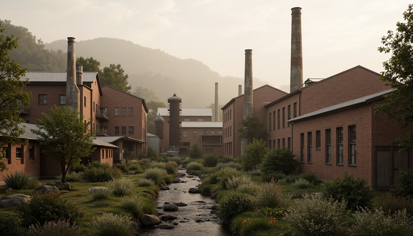 Prompt: Industrial factory complex, rustic brick buildings, corrugated metal roofs, worn concrete walls, vintage machinery, abandoned chimneys, overgrown vegetation, wildflowers, meandering streams, misty atmosphere, soft warm lighting, shallow depth of field, 3/4 composition, panoramic view, realistic textures, ambient occlusion, regionalist architectural style, functional simplicity, earthy color palette, distressed finishes, reclaimed wood accents, metal cladding, industrial heritage, nostalgic ambiance.