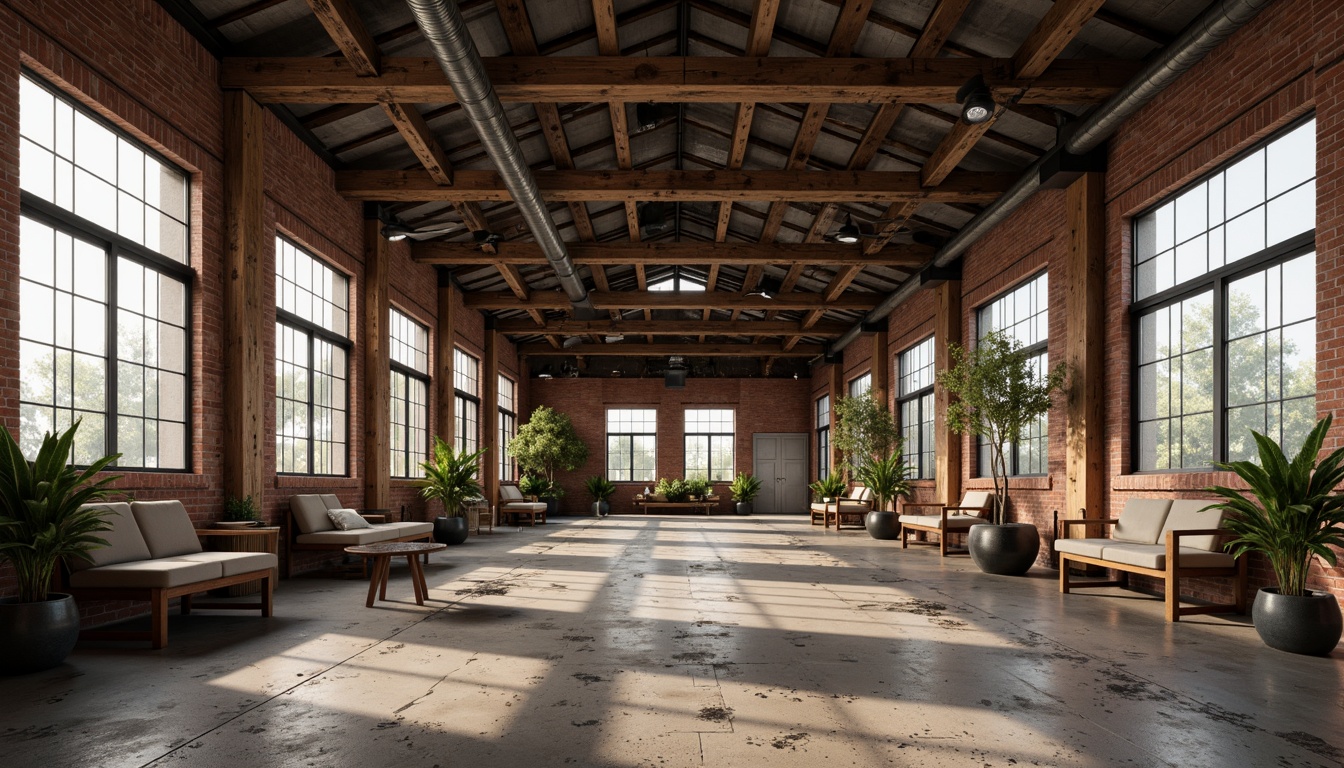 Prompt: Rustic industrial landscape, abandoned factories, worn brick walls, distressed metal roofs, reclaimed wood accents, earthy tones, natural textures, regional materials, local craftsmanship, exposed ductwork, concrete floors, steel beams, functional minimalism, industrial chic aesthetic, warm soft lighting, shallow depth of field, 1/1 composition, realistic renderings, ambient occlusion.