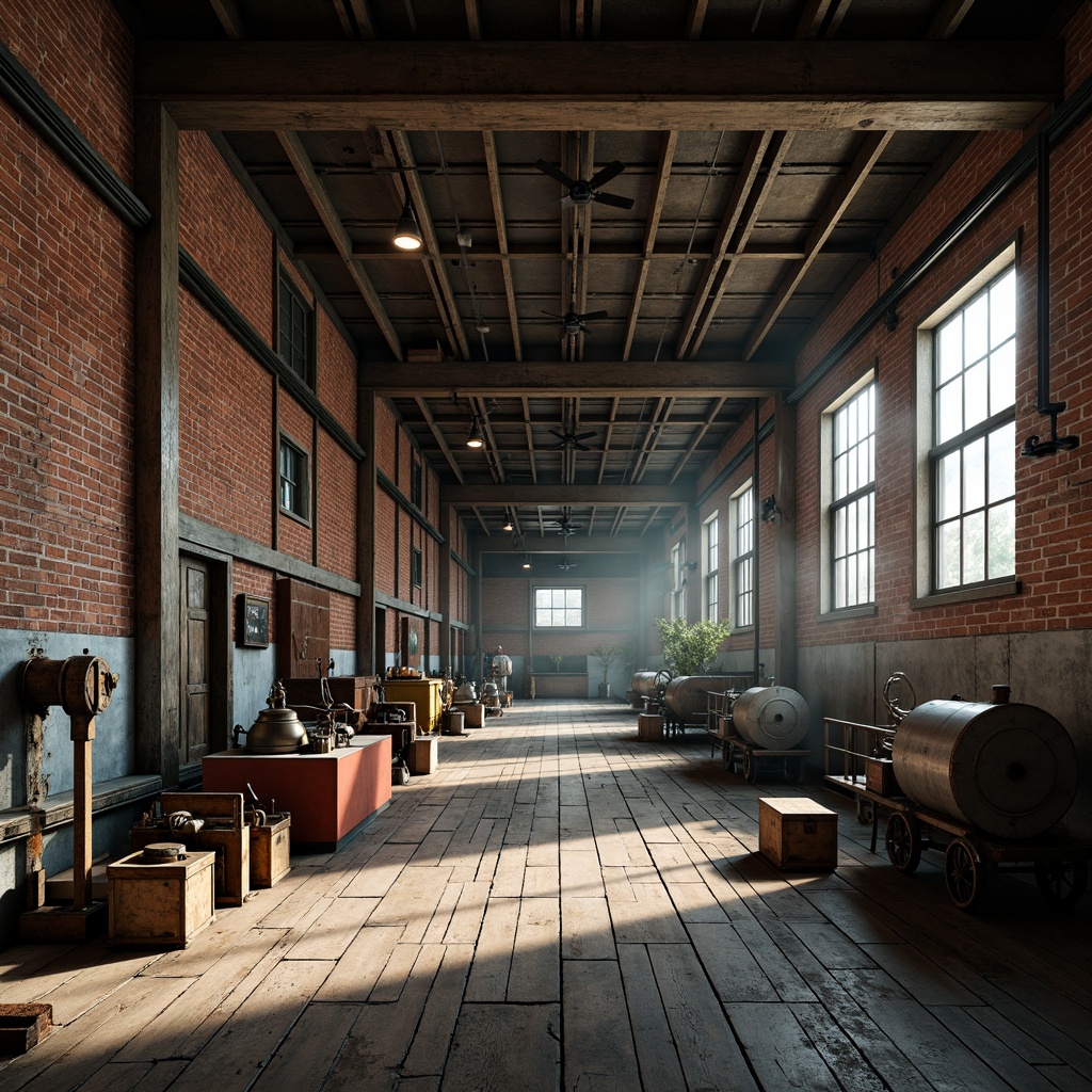 Prompt: Industrial factory setting, exposed brick walls, metal beams, worn wooden floors, vintage machinery, distressed textures, earthy tones, muted colors, rusty reds, weathered blues, faded yellows, industrial greys, urban atmosphere, gritty realism, high contrast lighting, dramatic shadows, cinematic composition, 1/2 camera angle, realistic renderings, ambient occlusion.