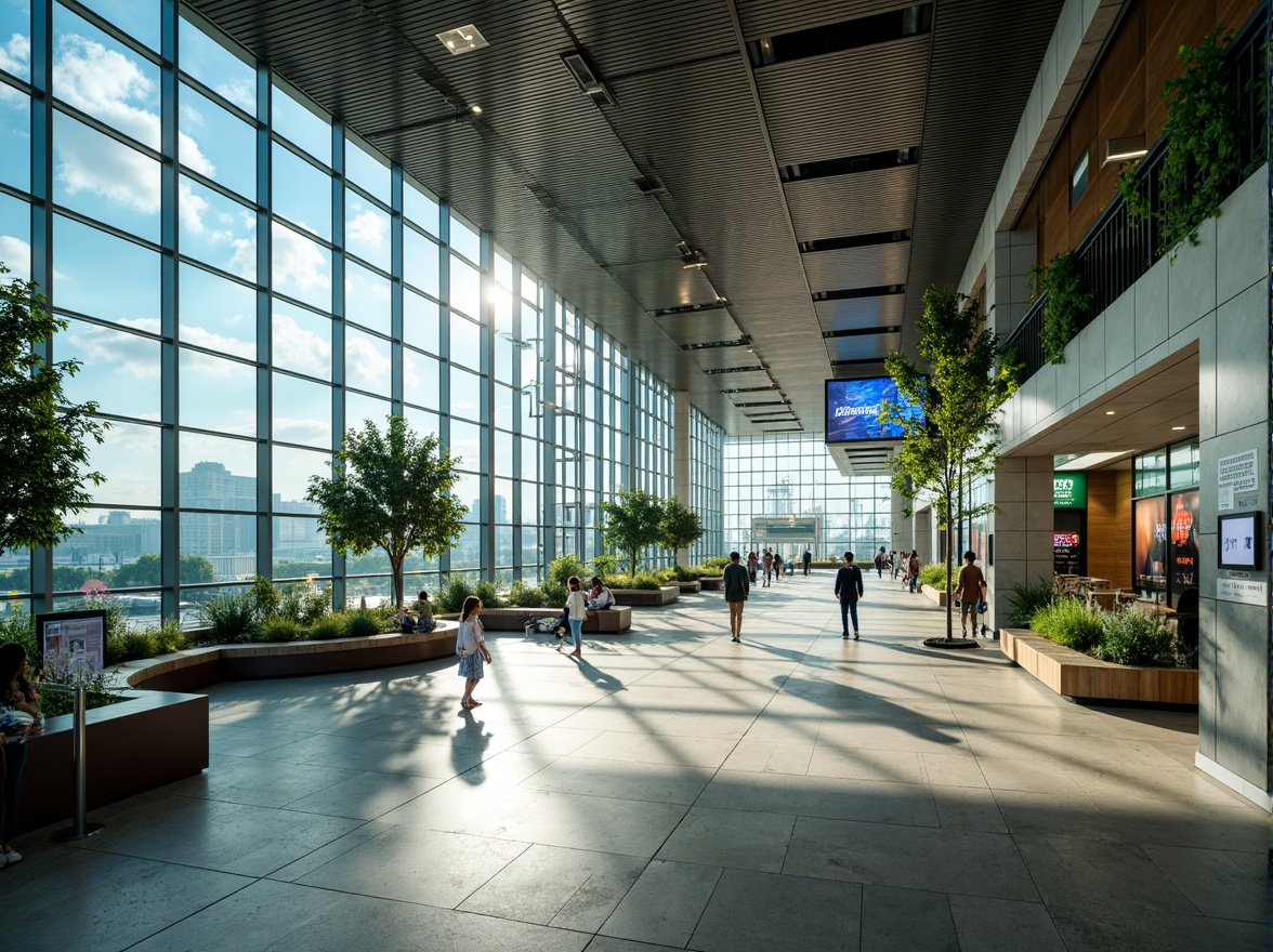 Prompt: Modern airport terminal, sleek glass fa\u00e7ade, metallic accents, vibrant blue and green hues, natural stone flooring, airy high ceilings, ample natural light, comfortable seating areas, dynamic digital displays, futuristic lighting fixtures, warm beige tones, calming ambiance, efficient wayfinding systems, intuitive signage, bustling atmosphere, morning sunlight, shallow depth of field, 1/1 composition, realistic textures, ambient occlusion.